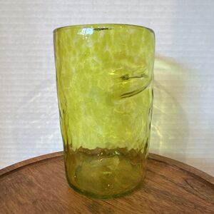Hand Blown Art Glass Tumbler Yellow Spots Organic Pinched Shape 5” Tall Thick